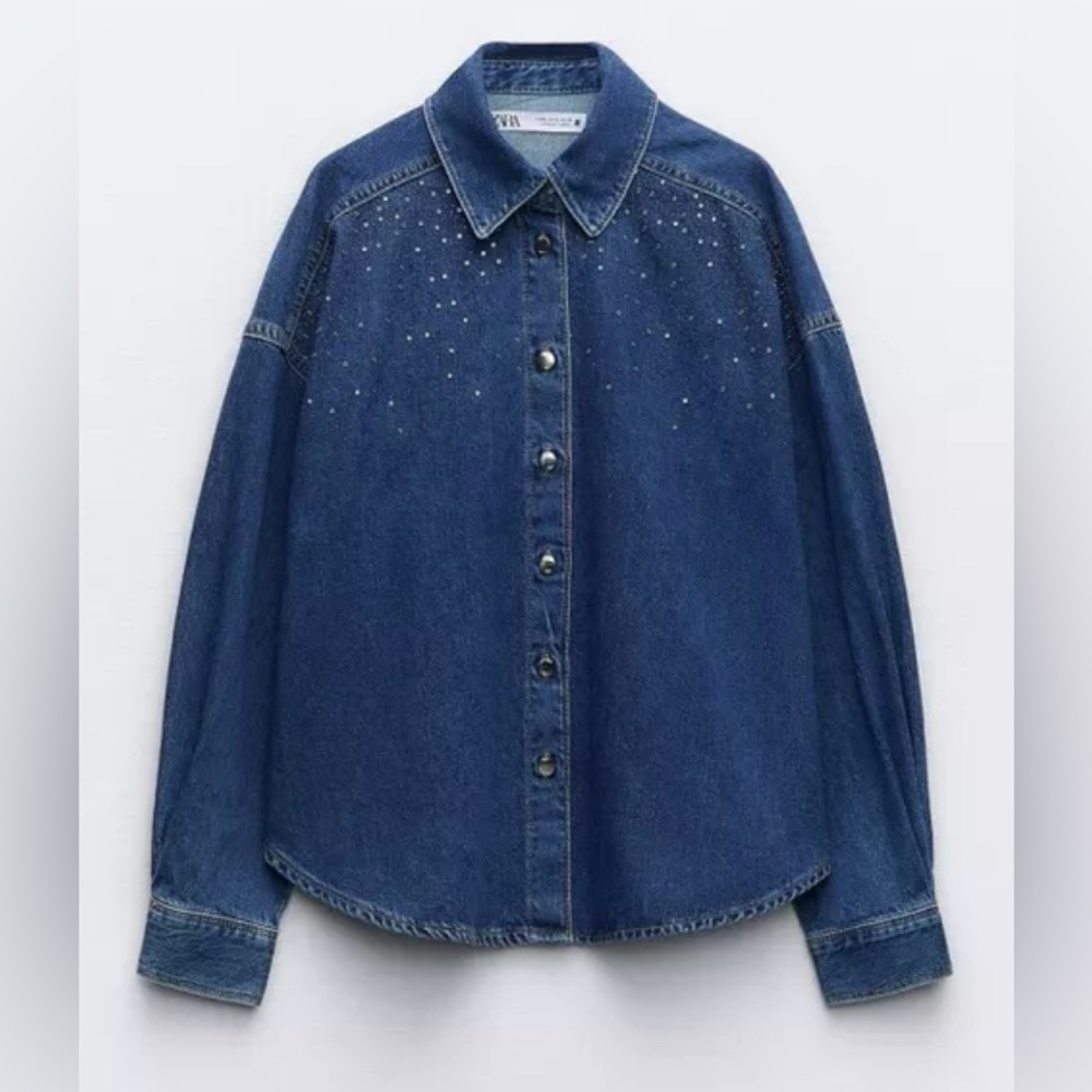 Zara Dark Blue Wash Denim Button-Up Blouse | Rhinestones | New | Small - Picture 8 of 11